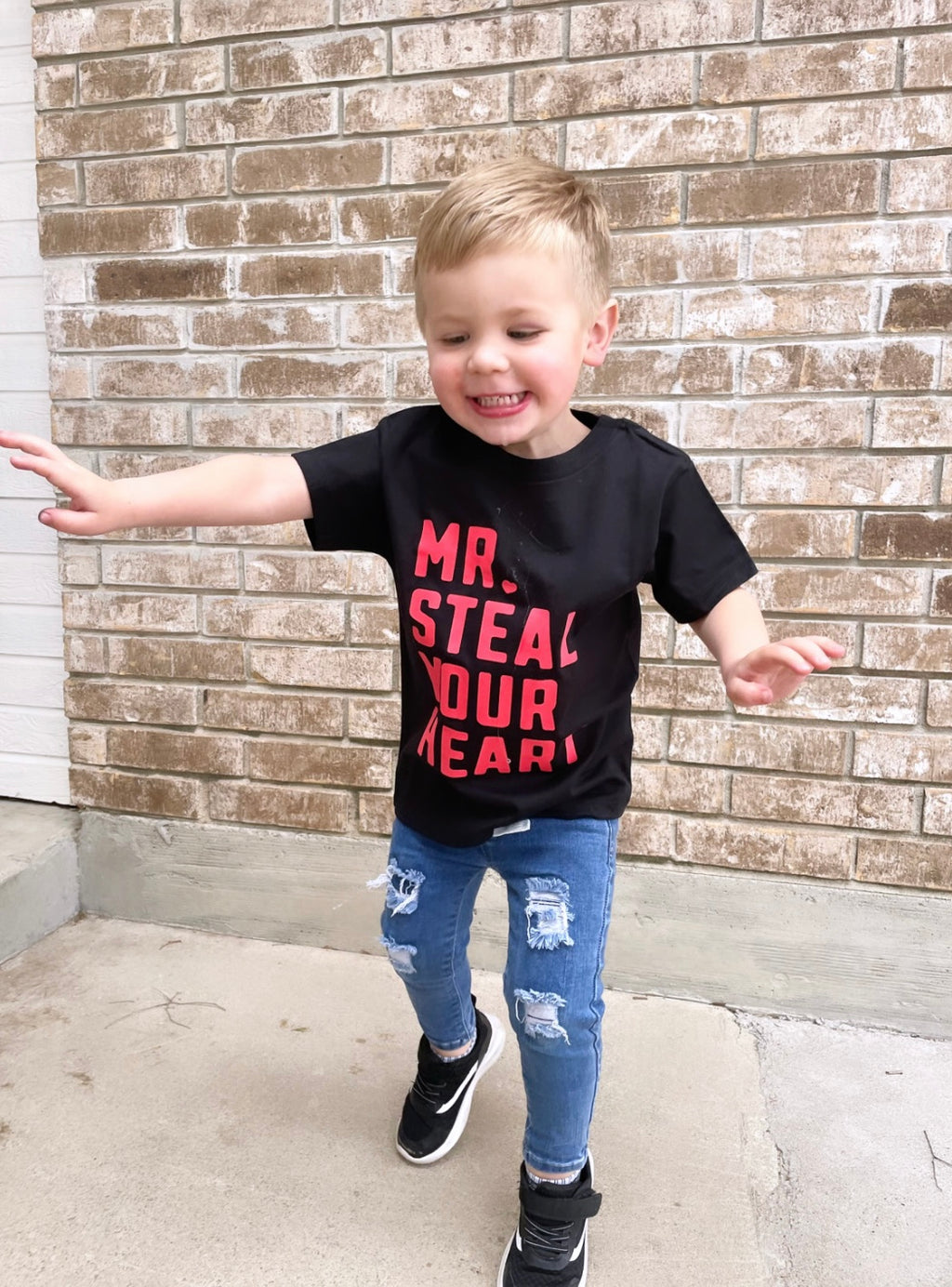 Toddler boy wearing Mr. Steal Your Heart Valentine’s Day Tee