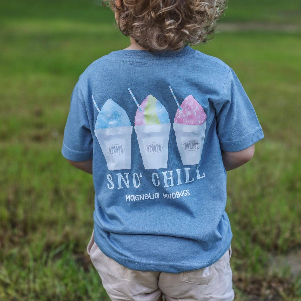 Little boy wearing the Southern Sno Tee from the back